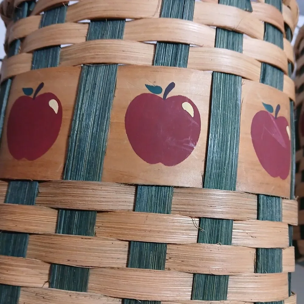 Set of 3 Hand Woven Rattan Wicker Apple Themed Baskets with Wood & Metal Handles